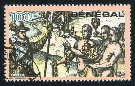 SENEGAL - CIRCA 1991: stamp printed by Senegal, shows Columbus Meeting Haitian natives, circa 1991の写真素材