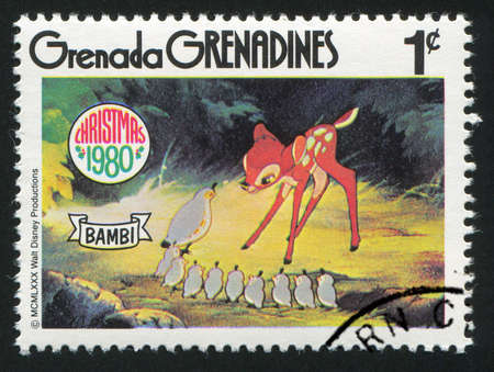 GRENADA - CIRCA 1980: stamp printed by Grenada, shows Walt Disney characters, Bambi, circa 1980のeditorial素材