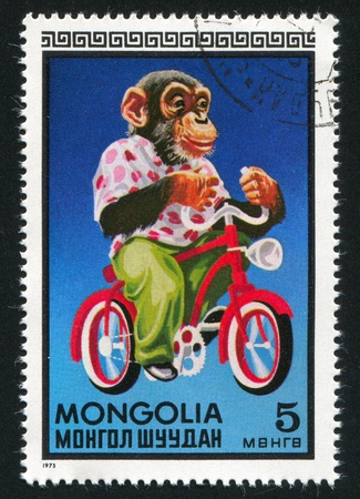 MONGOLIA - CIRCA 1973: stamp printed by Mongolia, shows Chimpanzee on bicycle, circa 1973の写真素材