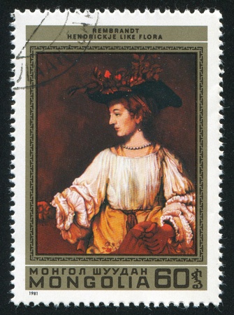 MONGOLIA - CIRCA 1981: stamp printed by Mongolia, shows Hendrickje like Flora, by Rembrandt, circa 1981のeditorial素材
