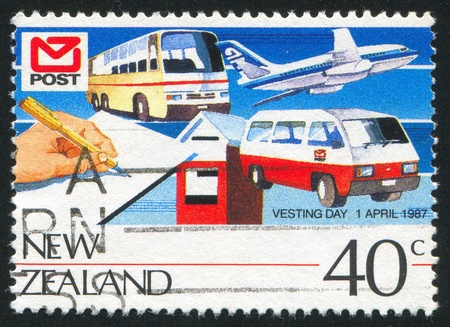 NEW ZEALAND - CIRCA 1987: stamp printed by New Zealand, shows Vesting Day, Motor vehicles, plane circa 1987のeditorial素材