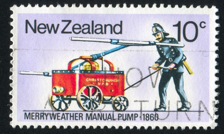 NEW ZEALAND - CIRCA 1977: stamp printed by New Zealand, shows Fire Fighting Equipment: Merryweather...