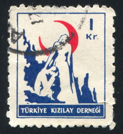 TURKEY- CIRCA 1948: stamp printed by Turkey, shows nurse offering encouragement, circa 1948の写真素材