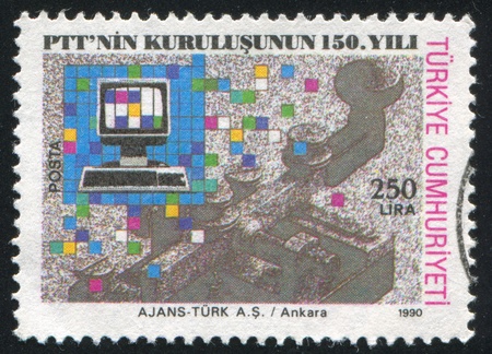 TURKEY- CIRCA 1990: stamp printed by Turkey, shows Telegraph key, computer terminal, circa 1990