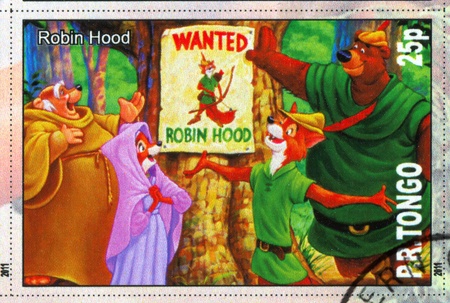 TONGO - CIRCA 2011: stamp printed by Tongo, shows Walt Disney cartoon character, Robin Hood, circa 2011のeditorial素材