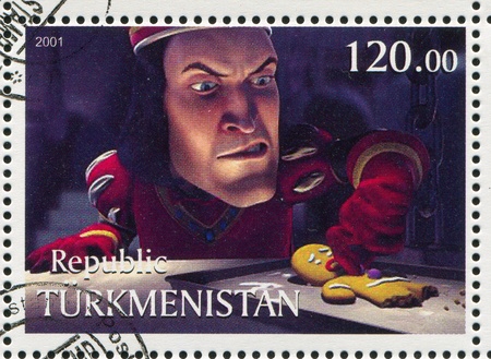 TURKMENISTAN - CIRCA 2001: stamp printed by Turkmenistan, shows Lord Farquaad, Shriek, circa 2001のeditorial素材