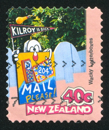 NEW ZEALAND - CIRCA 1997: stamp printed by New Zealand, shows Letterbox Kilroy Is Back, circa 1997のeditorial素材
