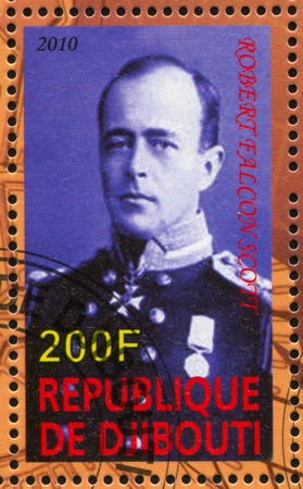 DJIBOUTI - CIRCA 2010: stamp printed by Djibouti, shows explorer, Robert Falcon Scott, circa 2010のeditorial素材
