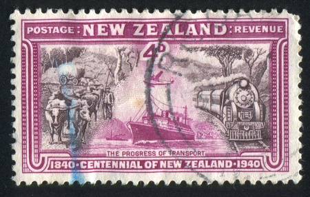 NEW ZEALAND - CIRCA 1940: stamp printed by New Zealand, shows Progress of Transport, circa 1940のeditorial素材