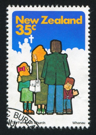 NEW ZEALAND - CIRCA 1981: stamp printed by New Zealand, shows family at church, circa 1981のeditorial素材