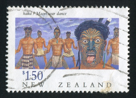 NEW ZEALAND - CIRCA 1990: stamp printed by New Zealand, shows Maori war dance, circa 1990のeditorial素材