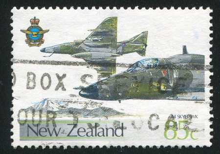 NEW ZEALAND - CIRCA 1987: stamp printed by New Zealand, shows plane A4 Skyhawks Mount Ruapehu, circa 1987のeditorial素材