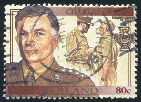 NEW ZEALAND - CIRCA 1995: stamp printed by New Zealand, shows Famous Living New Zealanders, Charles Upham, service, business, development, circa 1995のeditorial素材