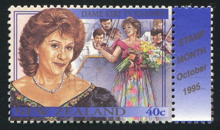 NEW ZEALAND - CIRCA 1995: stamp printed by New Zealand, shows Famous Living New Zealanders, Dame Kiri Te Kanawa, performing arts, circa 1995のeditorial素材