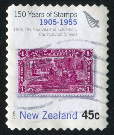 NEW ZEALAND - CIRCA 2005: stamp printed by New Zealand, shows Stamp Dedicated to One Hundred and Fiftieth Anniversary of Stamps, circa 2005のeditorial素材