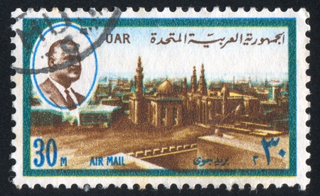 EGYPT - CIRCA 1971: stamp printed by Egypt, shows Nasser, Rifaei and Sultan Hussein Mosques, circa 1971のeditorial素材
