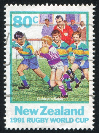 NEW ZEALAND - CIRCA 1991: stamp printed by New Zealand, shows Rugby World Cup, circa 1991のeditorial素材