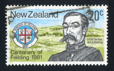 NEW ZEALAND - CIRCA 1981: stamp printed by New Zealand, shows Henry A. Feilding and Emblem of Borough of Feilding, circa 1981のeditorial素材