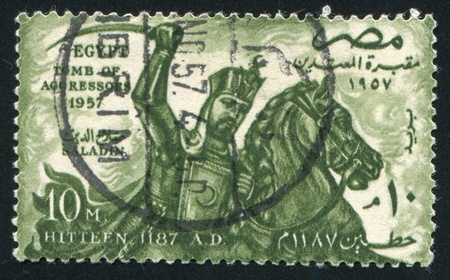 EGYPT - CIRCA 1957: stamp printed by Egypt, shows Sultan Saladin, horse, circa 1957のeditorial素材