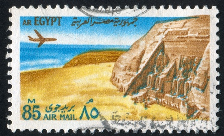 EGYPT - CIRCA 1972: stamp printed by Egypt, shows Plane, Temples at Abu Simbel, circa 1972の写真素材