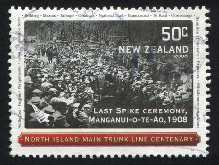 NEW ZEALAND - CIRCA 2008: stamp printed by New Zealand, shows Last Spike ceremony, Manganui-o-te-Ao, 1908, circa 2008のeditorial素材