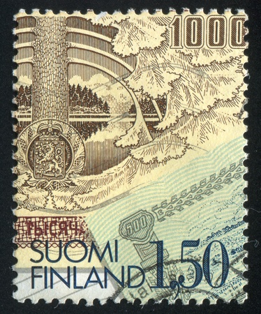 FINLAND - CIRCA 1985: stamp printed by Finland, shows Finnish Banknote, circa 1985の写真素材