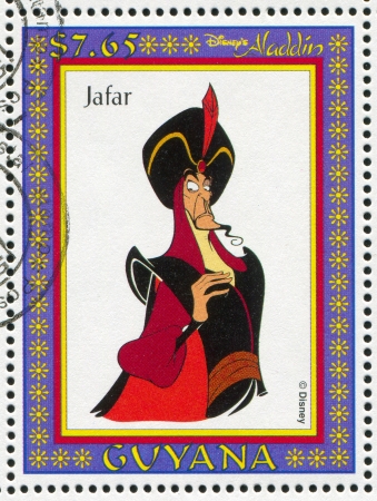 GUYANA - CIRCA 1993: stamp printed by GUYANA, shows Aladdin, Disney animated film, Jafar, Grand Vizier, circa 1993のeditorial素材