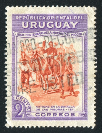 URUGUAY - CIRCA 1952: stamp printed by Uruguay, shows Equestrian Artigas, circa 1952のeditorial素材