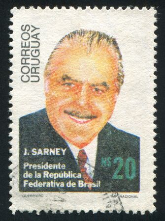 URUGUAY - CIRCA 1986: stamp printed by Uruguay, shows State Visit of President Jose Sarney of Brazil, circa 1986のeditorial素材