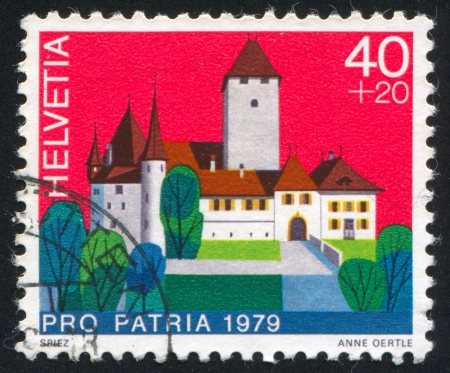 SWITZERLAND - CIRCA 1979: stamp printed by Switzerland, shows castle Spiez, circa 1979.の写真素材