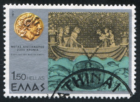 GREECE - CIRCA 1977: stamp printed by Greece, shows Alexander descends to the bottom of the sea, circa 1977の写真素材