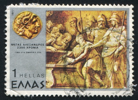 GREECE - CIRCA 1977: stamp printed by Greece, shows Alexander places Homer's works into Achilles' tomb, circa 1977の写真素材
