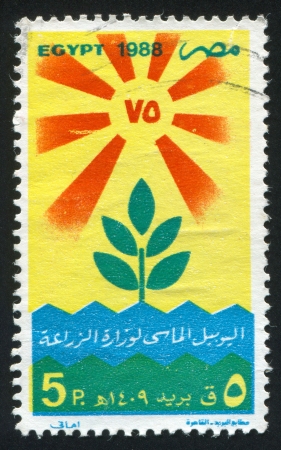 EGYPT - CIRCA 1988: stamp printed by Egypt, shows Plant, sun, waves, circa 1988のeditorial素材