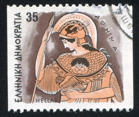 GREECE - CIRCA 1986: stamp printed by Greece, shows Gods, Athena, circa 1986のeditorial素材