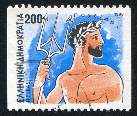 GREECE - CIRCA 1986: stamp printed by Greece, shows Gods, Poseidon, circa 1986のeditorial素材