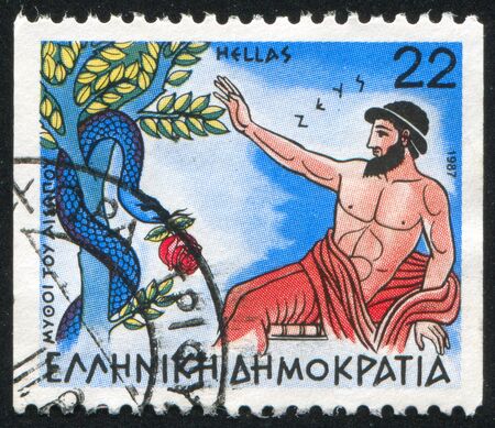 GREECE - CIRCA 1987: stamp printed by Greece, shows Fables, Zeus and the Snake, circa 1987のeditorial素材