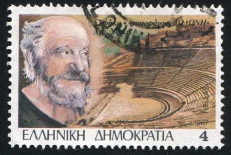 GREECE - CIRCA 1987: stamp printed by Greece, shows Theater, Christopher Nezer, circa 1987のeditorial素材