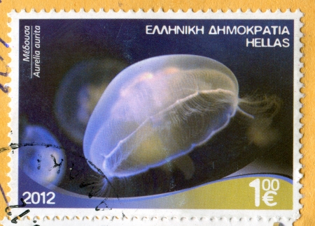 GREECE - CIRCA 2012 stamp printed by Greece, shows Aurelia medusa, circa 2012のeditorial素材