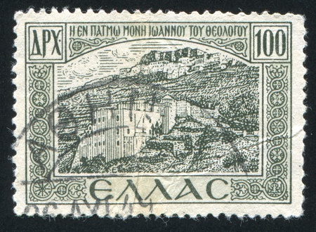 GREECE - CIRCA 1947: stamp printed by Greece, shows Monastery where Saint John preached, Patmos, circa 1947のeditorial素材