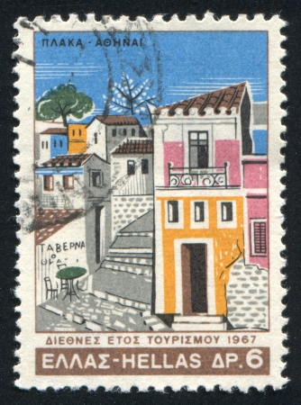 GREECE - CIRCA 1967: stamp printed by Greece, shows Plaka district, Athens, circa 1967のeditorial素材