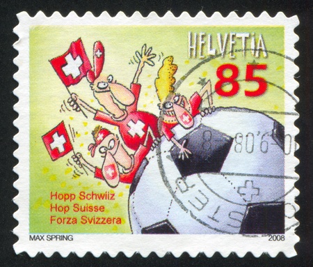 SWITZERLAND - CIRCA 2008: stamp printed by Switzerland, shows Euro 2008 Soccer Championships, Austria and Switzerland, circa 2008のeditorial素材