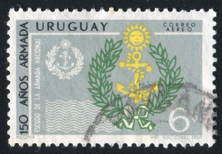 URUGUAY - CIRCA 1968: stamp printed by Uruguay, shows Coat of Arms, circa 1968のeditorial素材