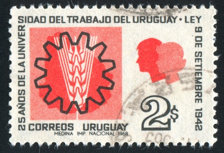 URUGUAY - CIRCA 1969: stamp printed by Uruguay, shows Gearwheel, Grain and Two Heads, circa 1969のeditorial素材