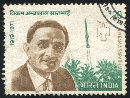 INDIA - CIRCA 1972: stamp printed by India, shows Vikram Ambalal Sarabhai, Rohini Rocket and Dove, circa 1972のeditorial素材