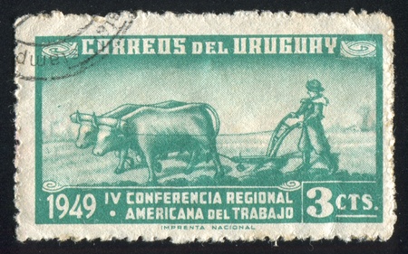 URUGUAY - CIRCA 1949: stamp printed by Uruguay, shows Plowing, circa 1949のeditorial素材