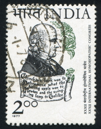 INDIA - CIRCA 1977:  stamp printed by India, shows Dr. Samuel Hahnemann and Cinchona, circa 1977のeditorial素材