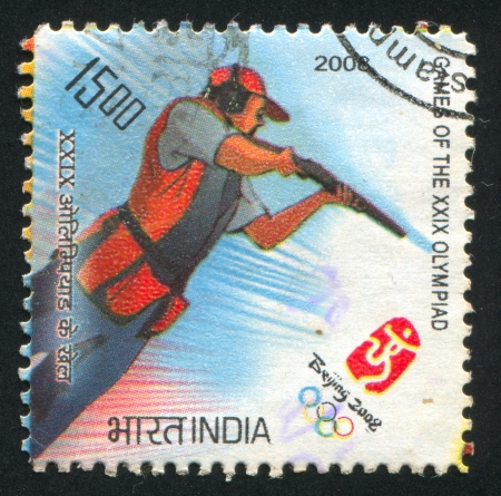 INDIA - CIRCA 2008: stamp printed by India, shows shooting sport at Games of the XXIX Olympiad, circa 2008のeditorial素材