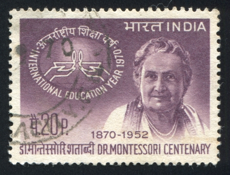 INDIA - CIRCA 1970: stamp printed by India, shows Dr. Maria Montessori and Education Symbol, circa 1970のeditorial素材