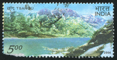 INDIA - CIRCA 2006: stamp printed by India, shows Tsangu Lake, circa 2006のeditorial素材