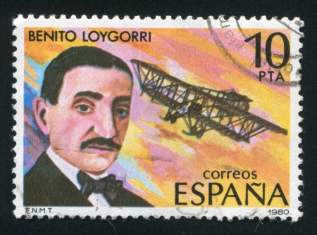 SPAIN - CIRCA 1980: stamp printed by Spain, shows Benito Loygorri and Airplane, circa 1980のeditorial素材
